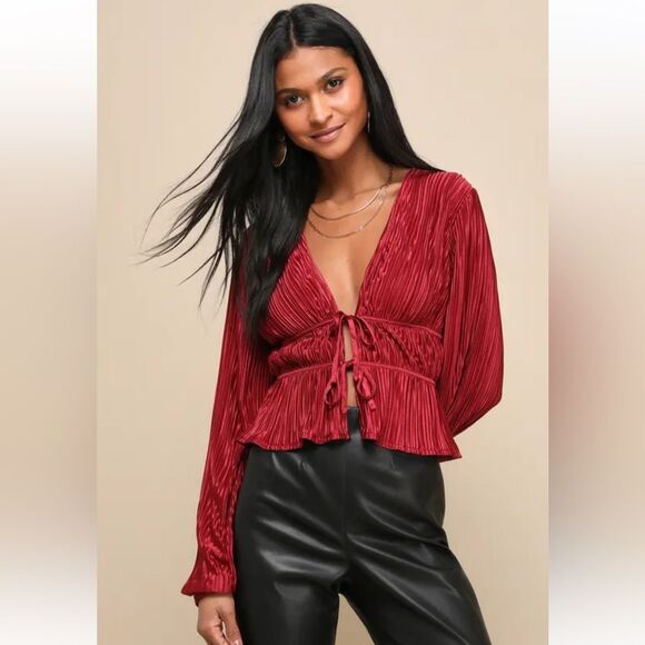 Lulus Tops - Luxe Designs Wine Red Plisse Satin Long Sleeve Tie-Front Top Size XL